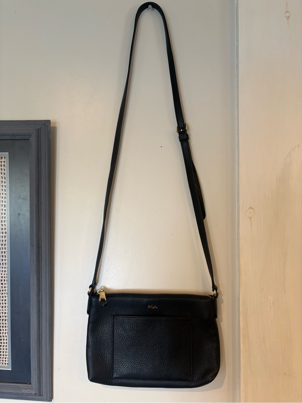 Lauren Ralph Lauren Black Pebbled Leather Crossbody Bag Gold RLL Winston Purse